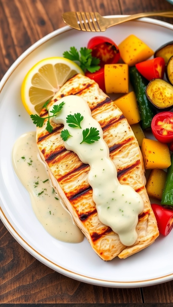 Grilled mahi mahi fillet with roasted garlic sauce and fresh parsley on a rustic table.